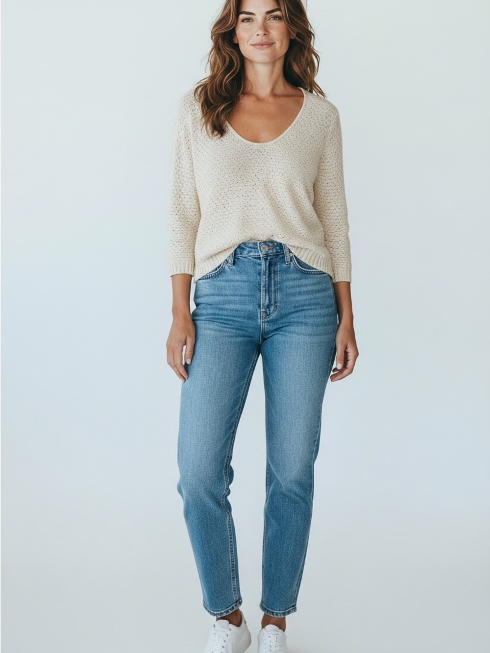 B53 Knot Sisters Cream V-Neck Sweater with Textured Knit